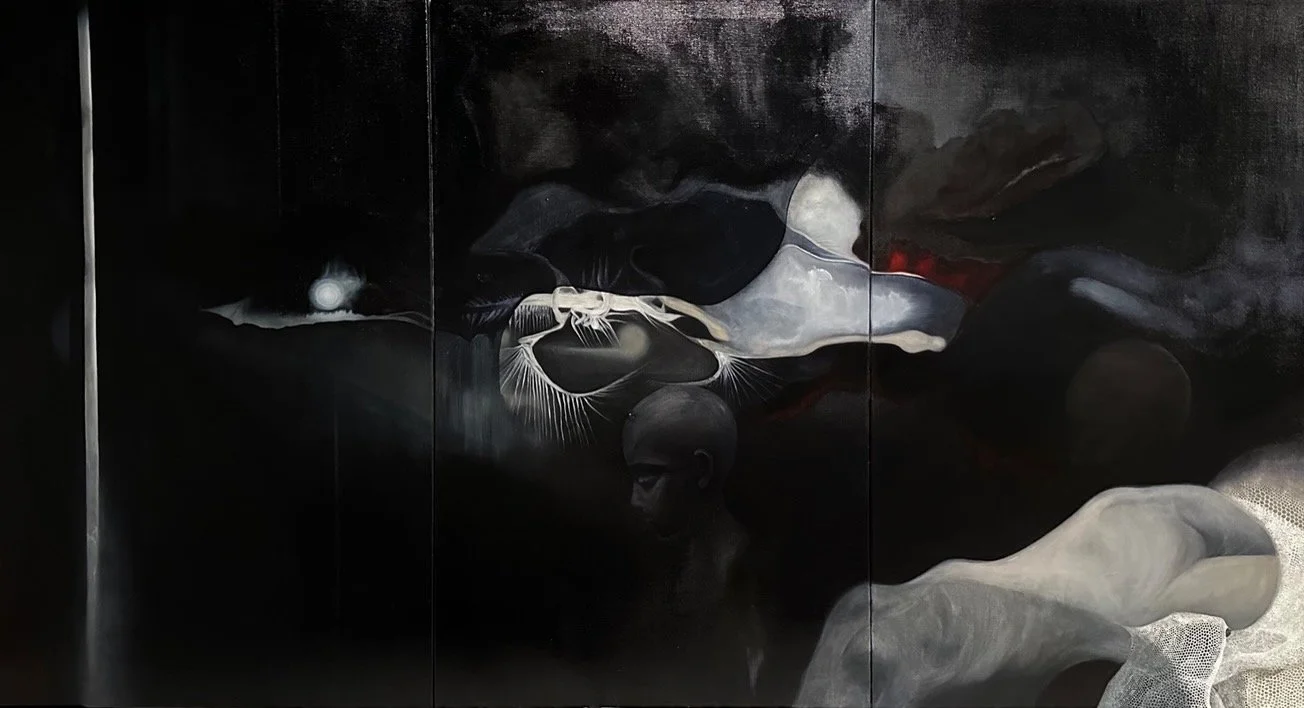Veiled in the Depths of an Indigo Sky (triptych), 2026
Oil, acrylic, charcoal, ink on linen
132 x 396 cm