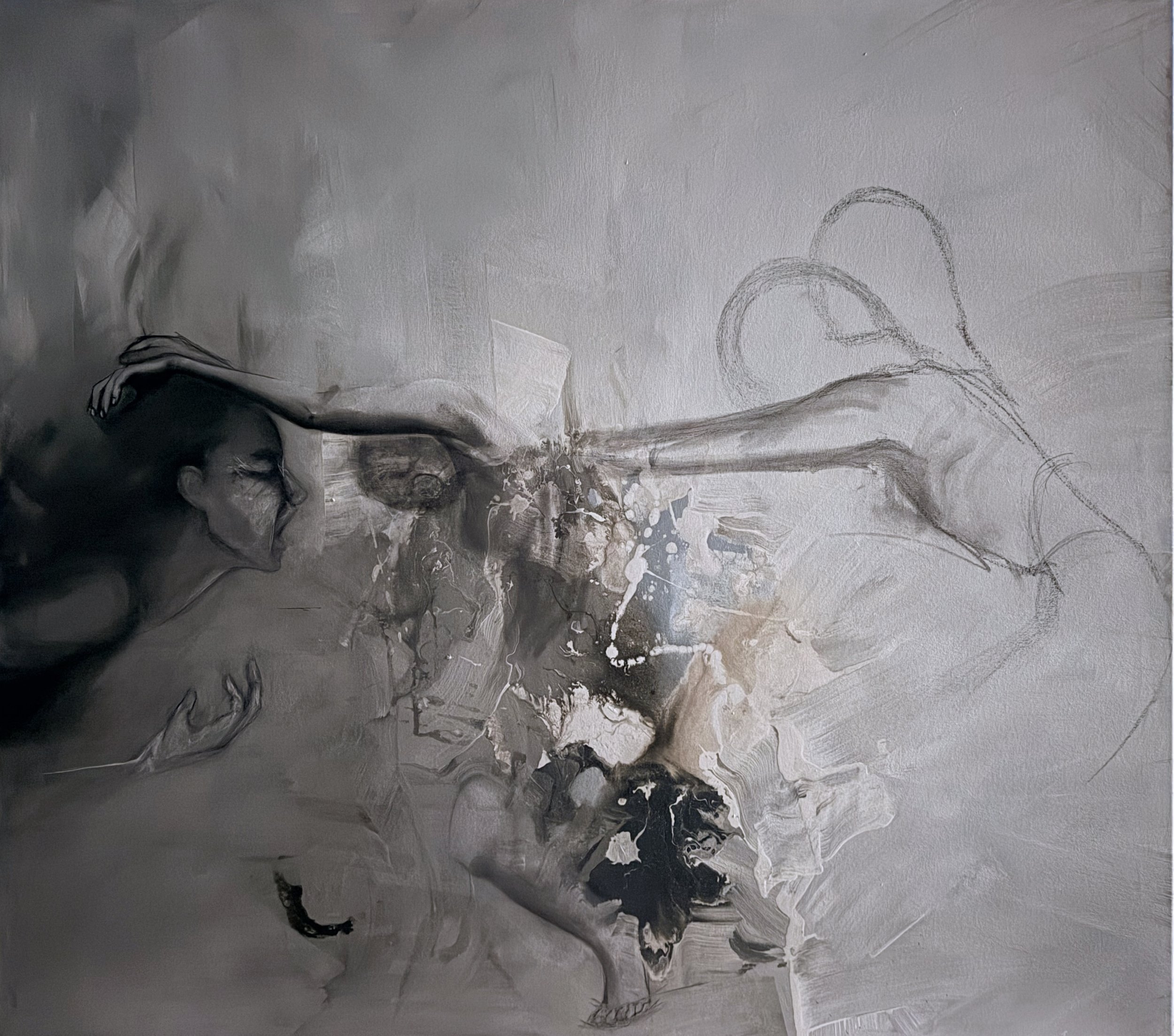 Life Beyond the Body that Breathes Life, 2026
Acrylic, charcoal, chalk on linen
122 x 137 cm
