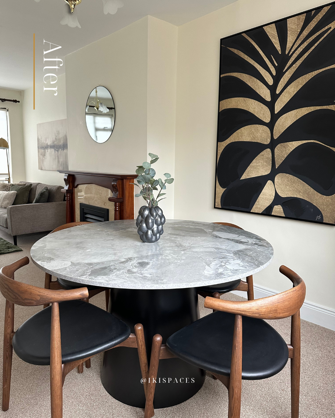 After home staging of a vacant living and dining area, furnished and styled to define scale, warmth and functionality