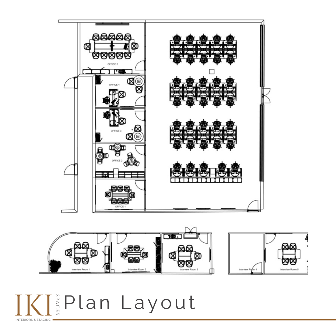3D office plan render illustrating workspace layout and circulation – commercial interior design studio in Ireland