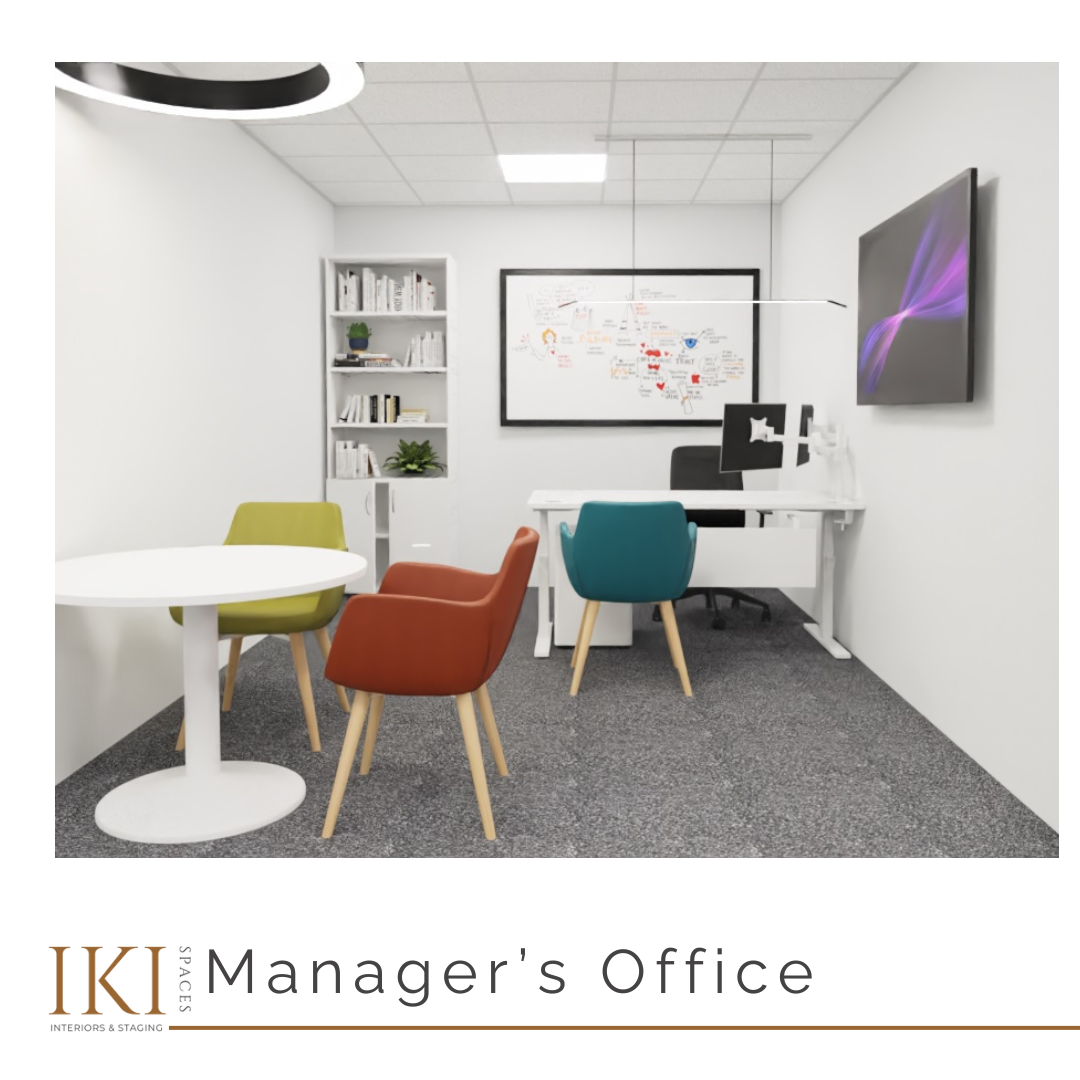 A modern manager's office with a white desk, black ergonomic chair, colorful chairs around a small round table, a wall-mounted television, a white bookshelf with books and plants, a whiteboard with notes, and a ceiling light fixture.
