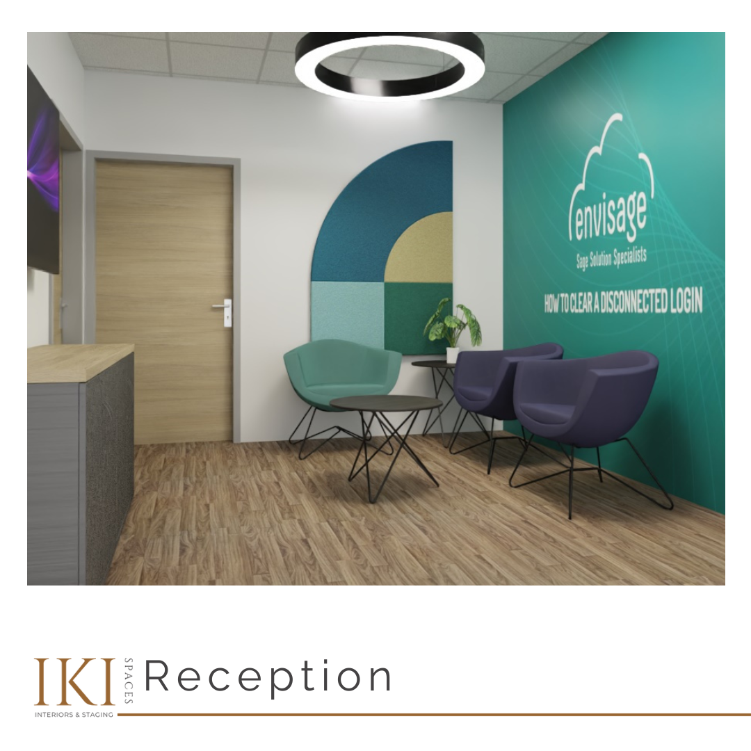 Office reception interior design with seating area and branding wall – commercial interior design by IKI Spaces