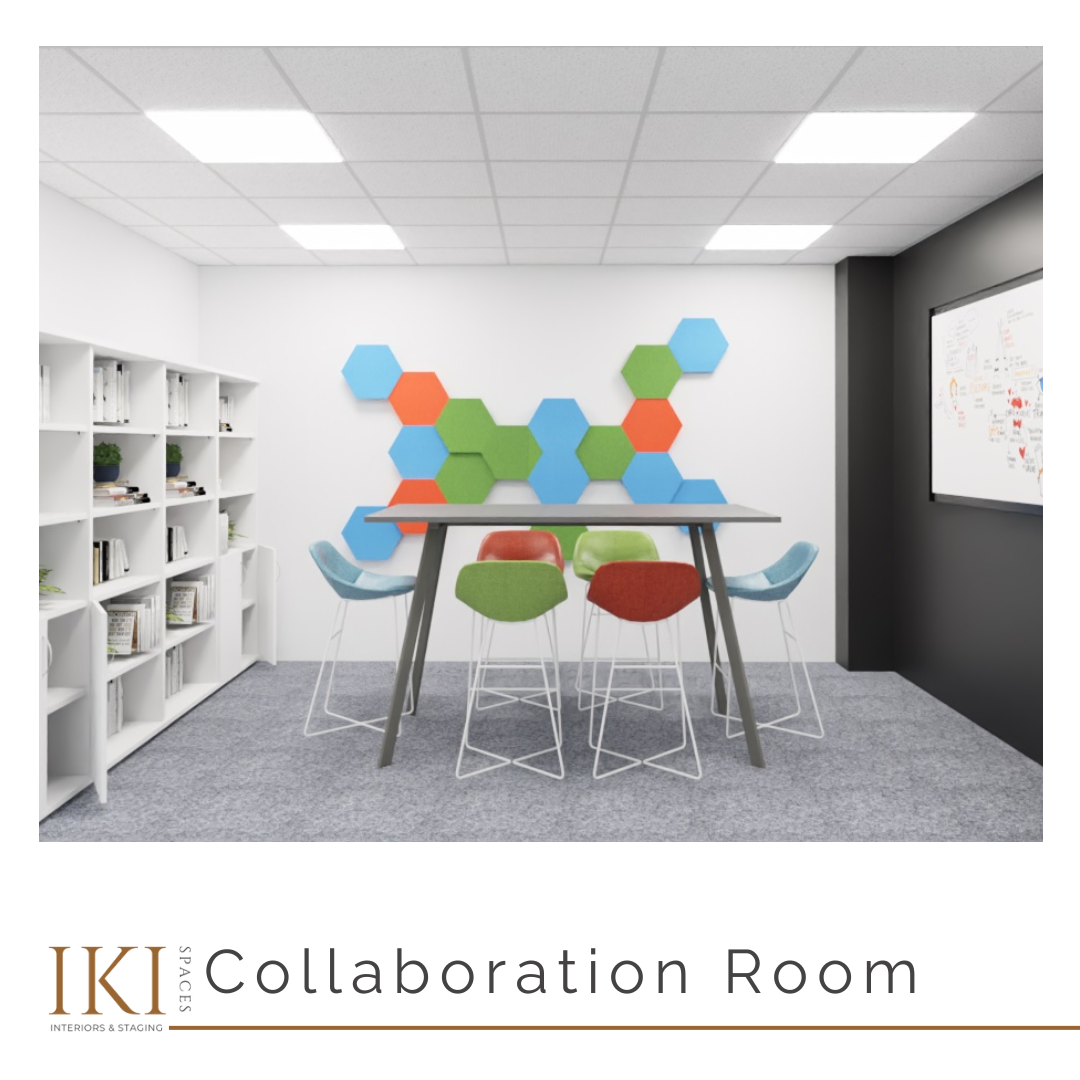 Modern Collaboration Room 3D render designed for client experience and wellbeing – IKI Spaces interior design studio