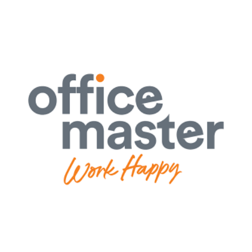 Office Master logo with the tagline 'Work Happy' in orange script