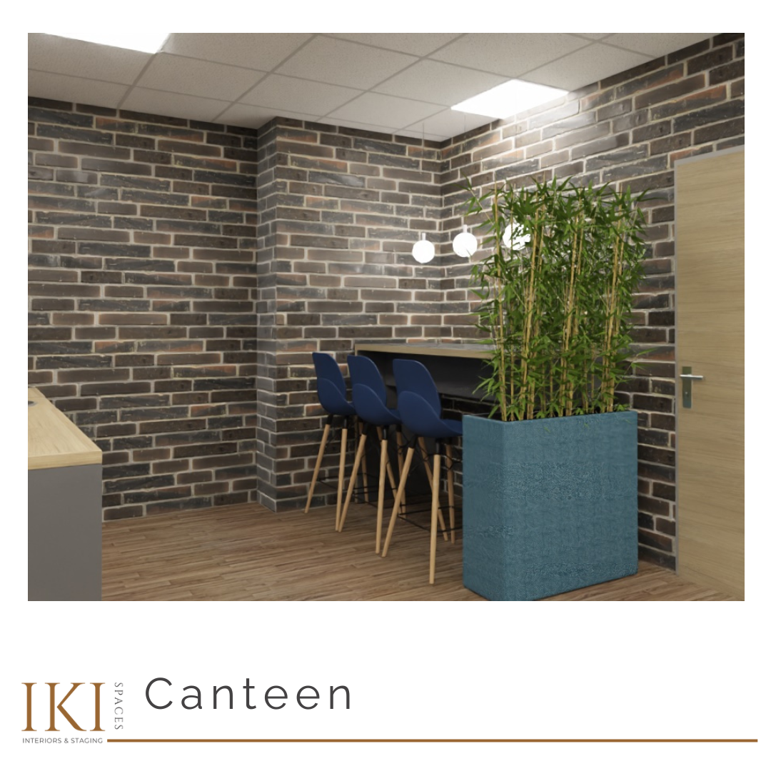 Office canteen interior design with dining area and textures – commercial interior design by IKI Spaces