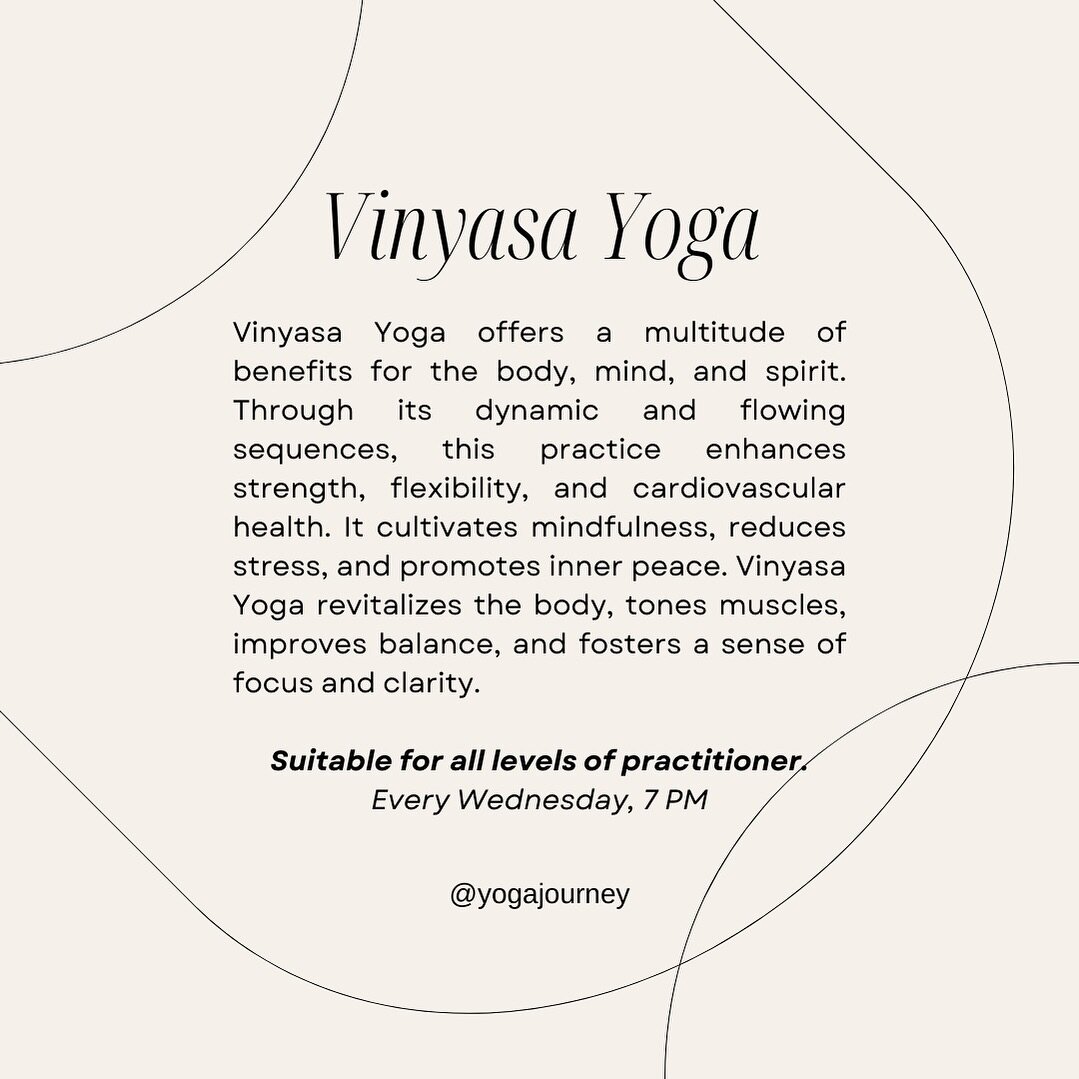 Discover what Vinyasa Yoga is and try out how this practice helps you foster your sense of focus &amp; clarity.

💬 Vinyasa Yoga
🧘🏻&zwj;♀️ Suitable for all levels
🗓️ Every Wednesday night, 7PM

#YogaClass #YogaJourneyHK #ProfessionalYoga #hkyoga #