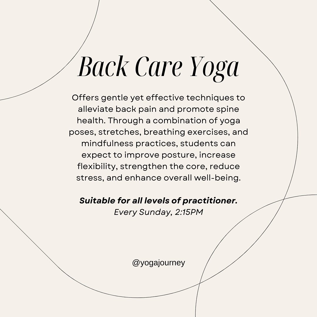 Give the care to your back! This class provides a nurturing environment to cultivate a healthier back and body.

💬 Back Care Yoga
🧘🏻&zwj;♀️ Suitable for all levels
🗓️ Every Sunday, 2:15-3:15PM

課程以緩解背部疼痛並促進脊柱健康為重心。通過一系列瑜伽姿勢訓練及伸展來改善姿勢、增加柔軟度、加強核心肌群