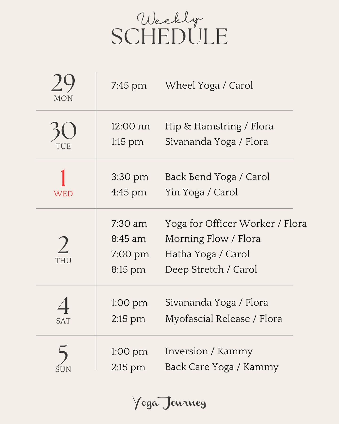 May 1st - 12th Class Schedule ✨🧘🏻 Book your class on Mindbody or whatsapp to +852 5501-1254.

#hkyoga #hkyogastudio #hkyogateacher #sheungwanyoga #yogajourney #hathayoga #vinyasayoga #inversionyoga #wheelyoga #backbend #yinyoga #backpainrelief #myo