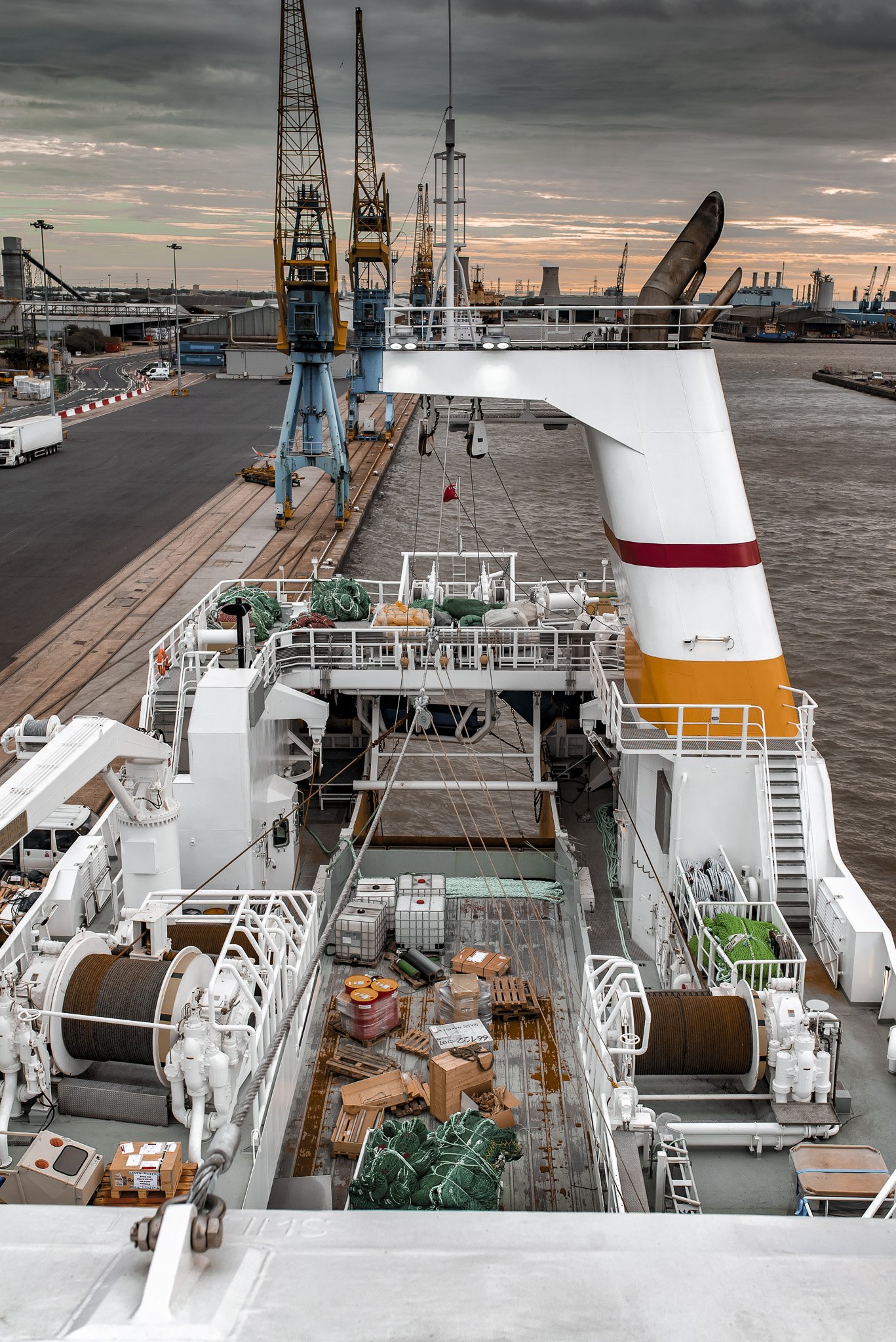 A view from the very top to of the Kirkella over the aft deck.