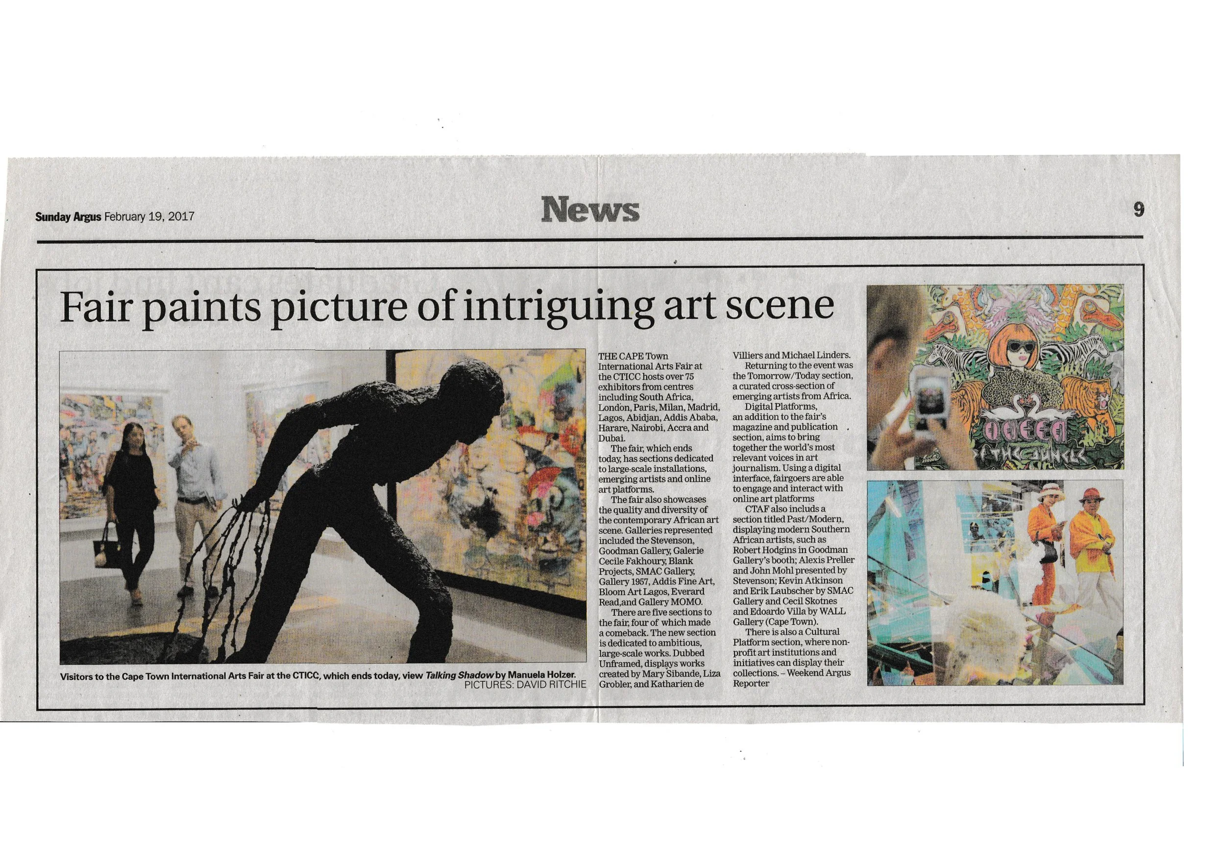 Newspaper article Sunday Argus Cape Town Art Fair 2017 Bold Art Fair Does Cape Town Proud Manuela Holzer