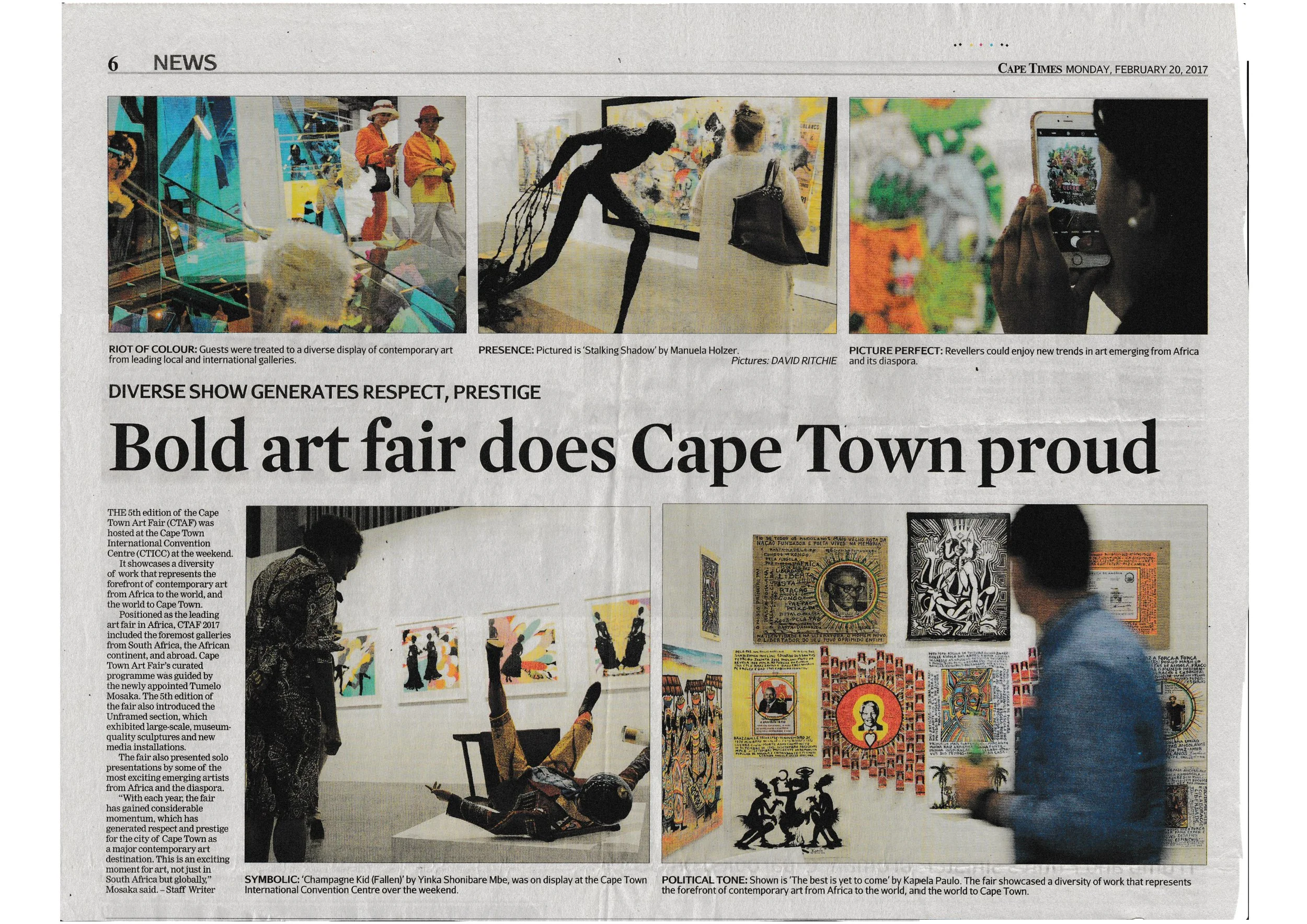 Newspaper article Cape Times Cape Town Art Fair 2017 Bold Art Fair Does Cape Town Proud Manuela Holzer