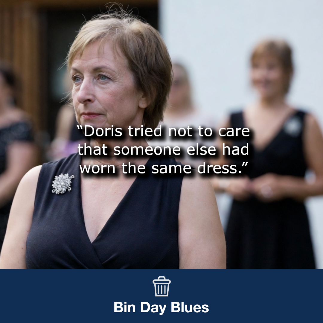 A woman who has noticed someone else is wearing the same dress as her.