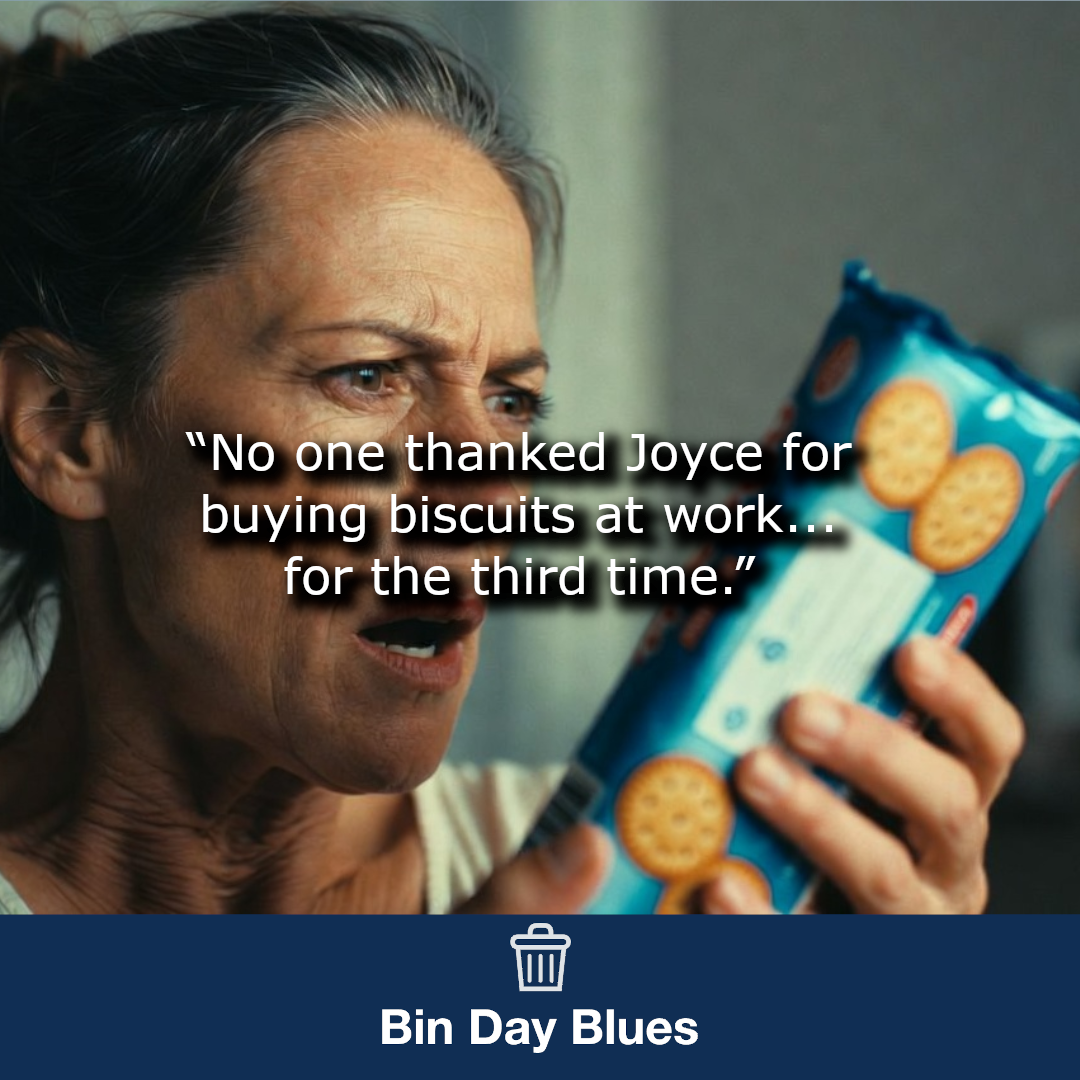 A woman who is angry holding a packet of biscuits at work.