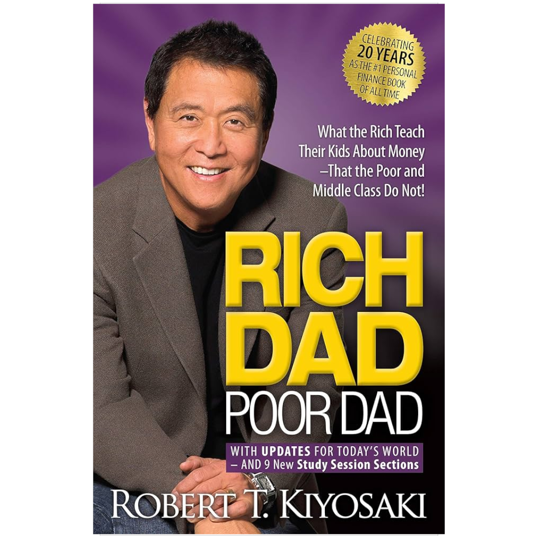 Book cover of Rich Dad Poor Dad featuring bold typography and simple design, symbolising contrasting money mindsets.