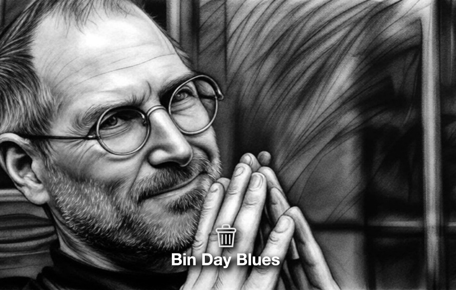 Sketch portrait of Steve Jobs with glasses, beard, and turtleneck, minimal style emphasising focus and innovation.