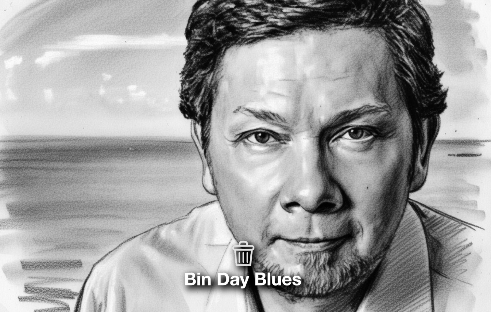 A charcoal image of Eckhart Tolle, a spiritual teacher and author.