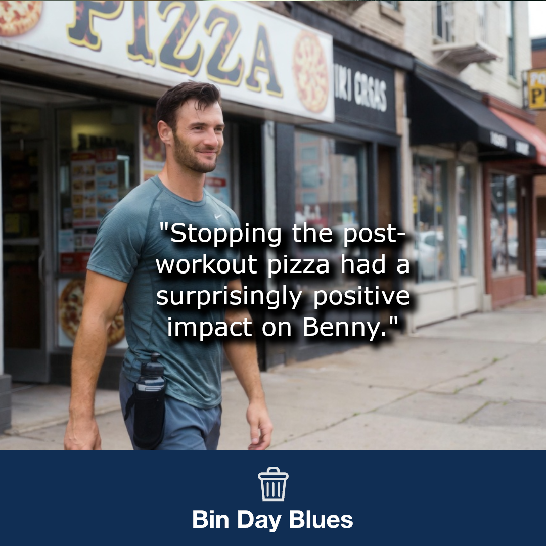 A smiling man not eating pizza after a workout.