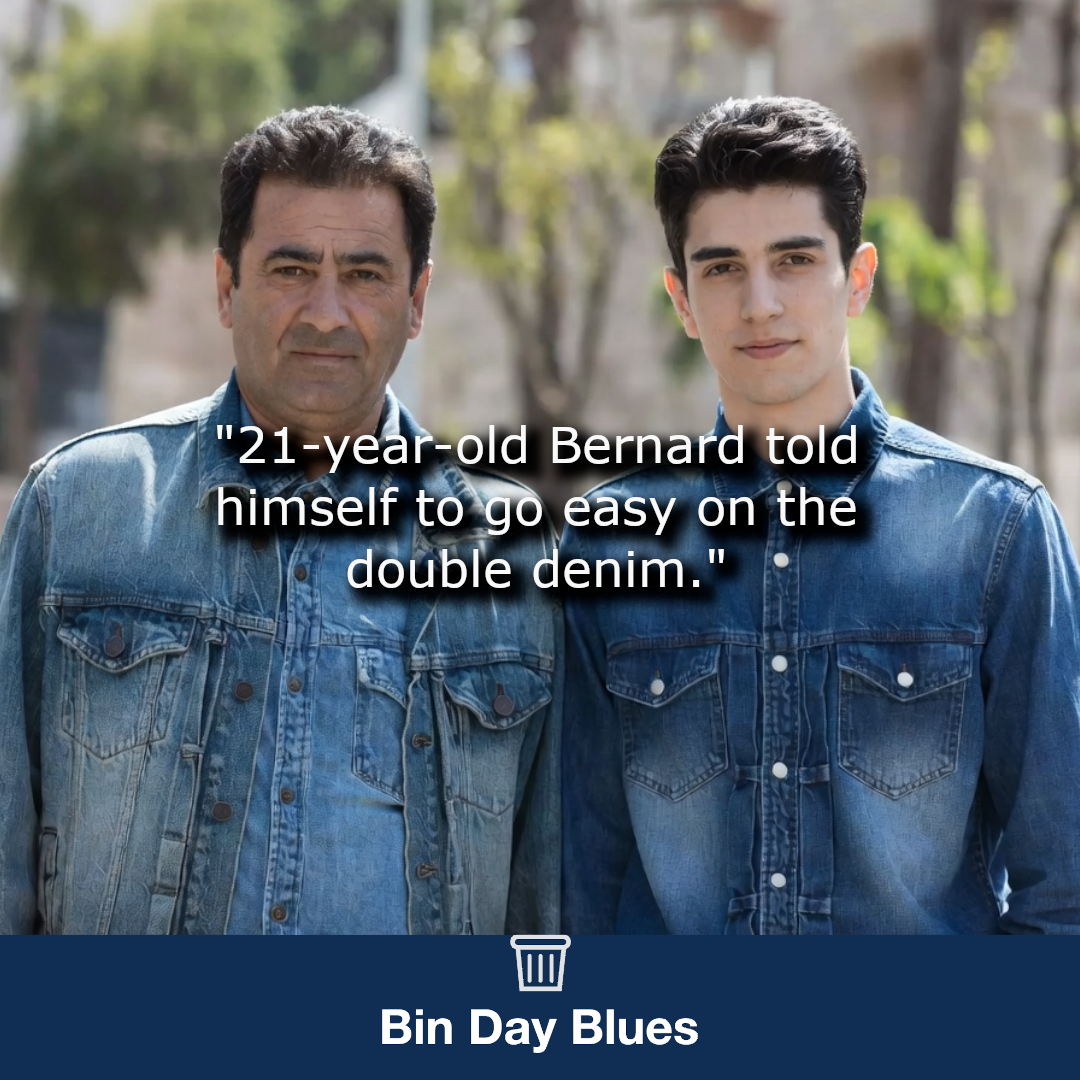 A man in double denin meets his 21 year old self, casual pose, warm lighting, pondering past choices with calm and thoughtful expression