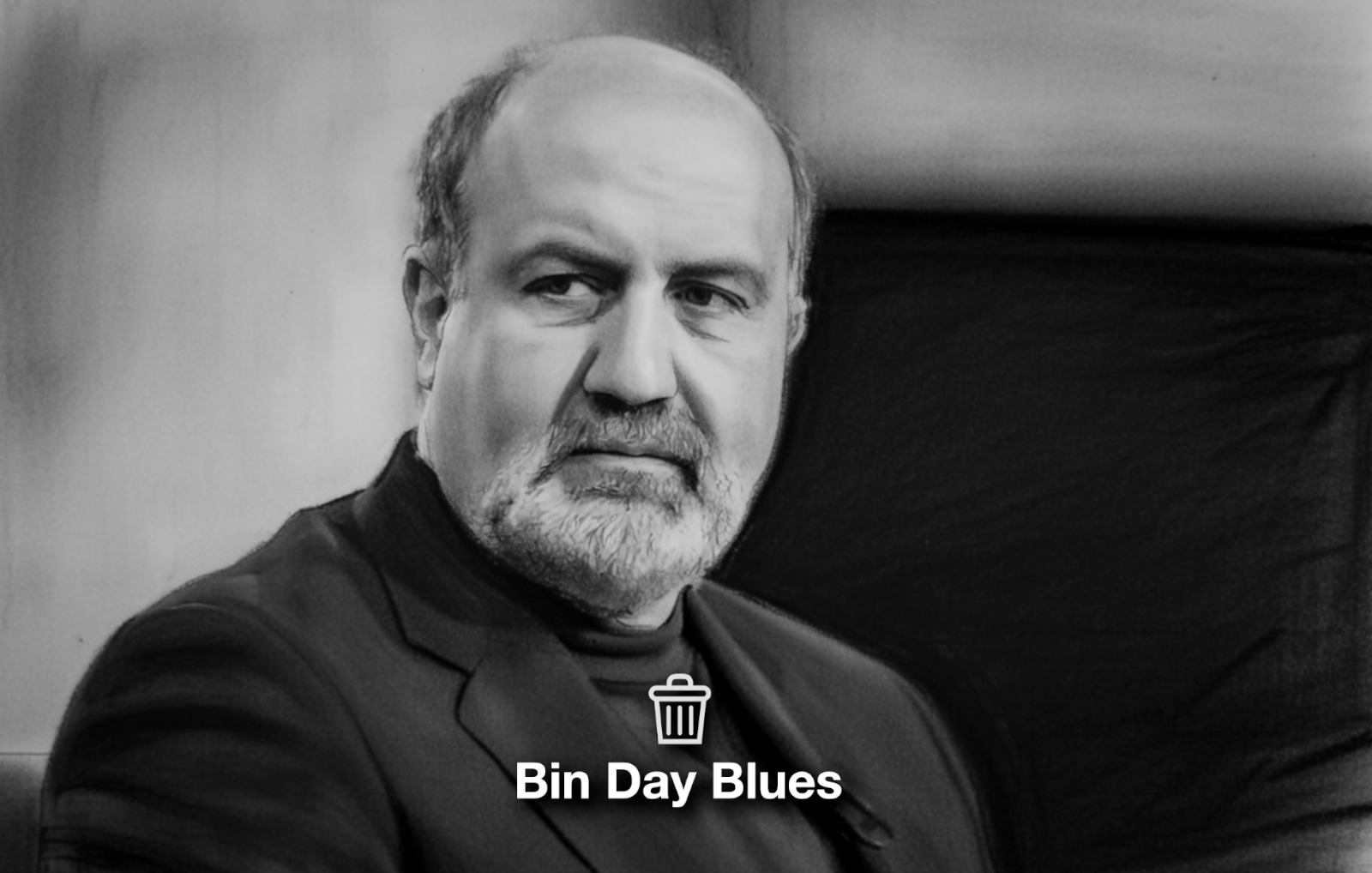 Charcoal portrait of Nassim Nicholas Taleb with dark hair, intense gaze, and thoughtful expression.