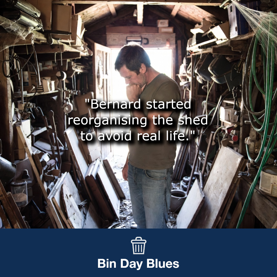 A man in a garden shed looking at the mess.
