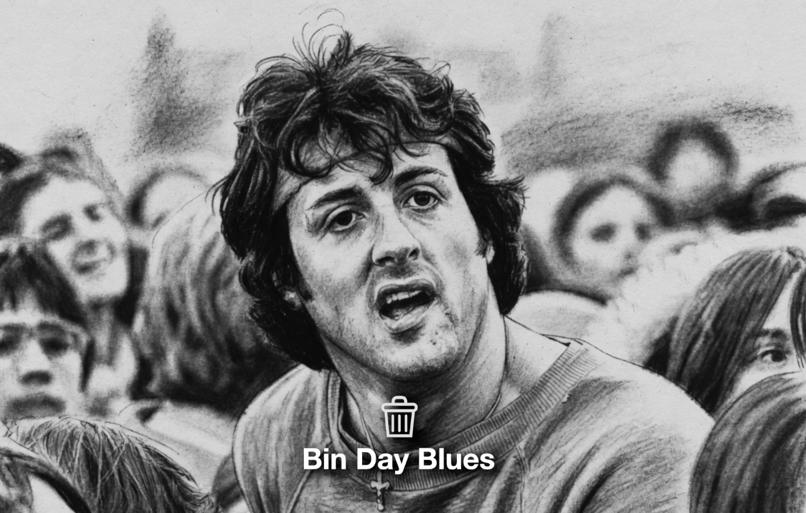 Charcoal portrait of Sylvester Stallone with strong jawline, rugged features, and determined expression.