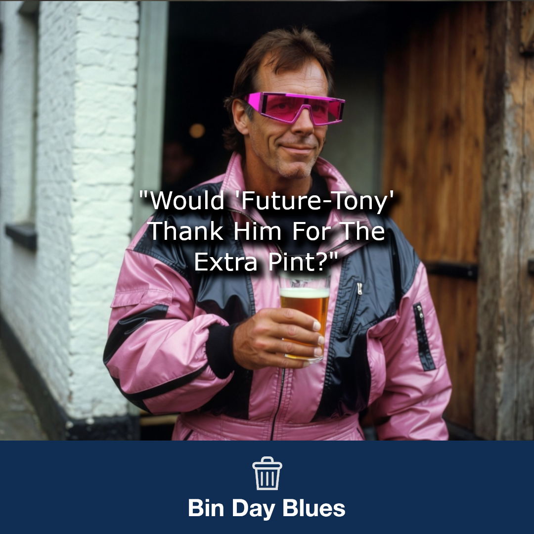 A man in future clothing wondering whether to have another drink in the pub