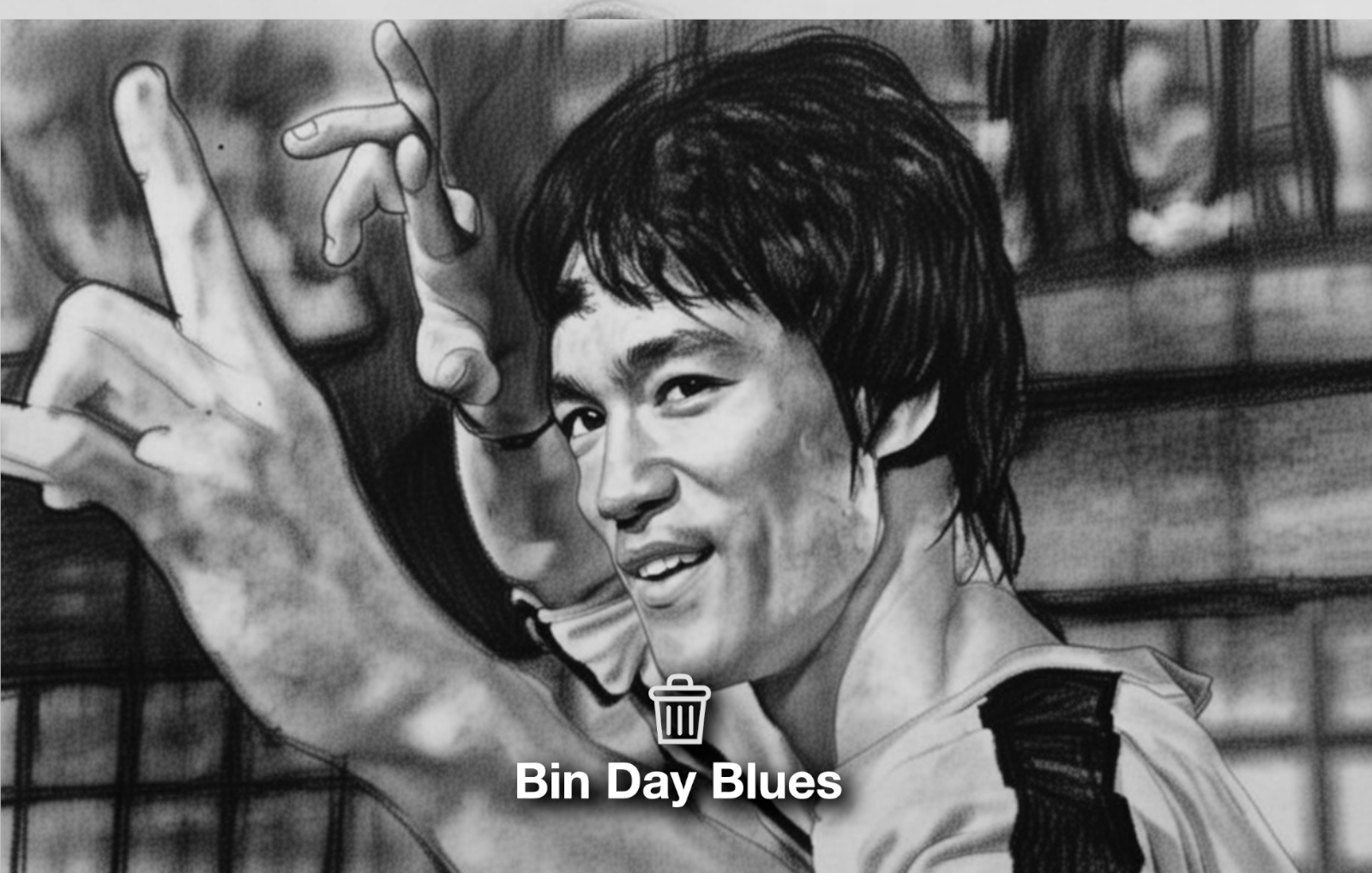 Charcoal portrait of Bruce Lee with sharp cheekbones, intense gaze, short hair, and a lean, athletic frame.