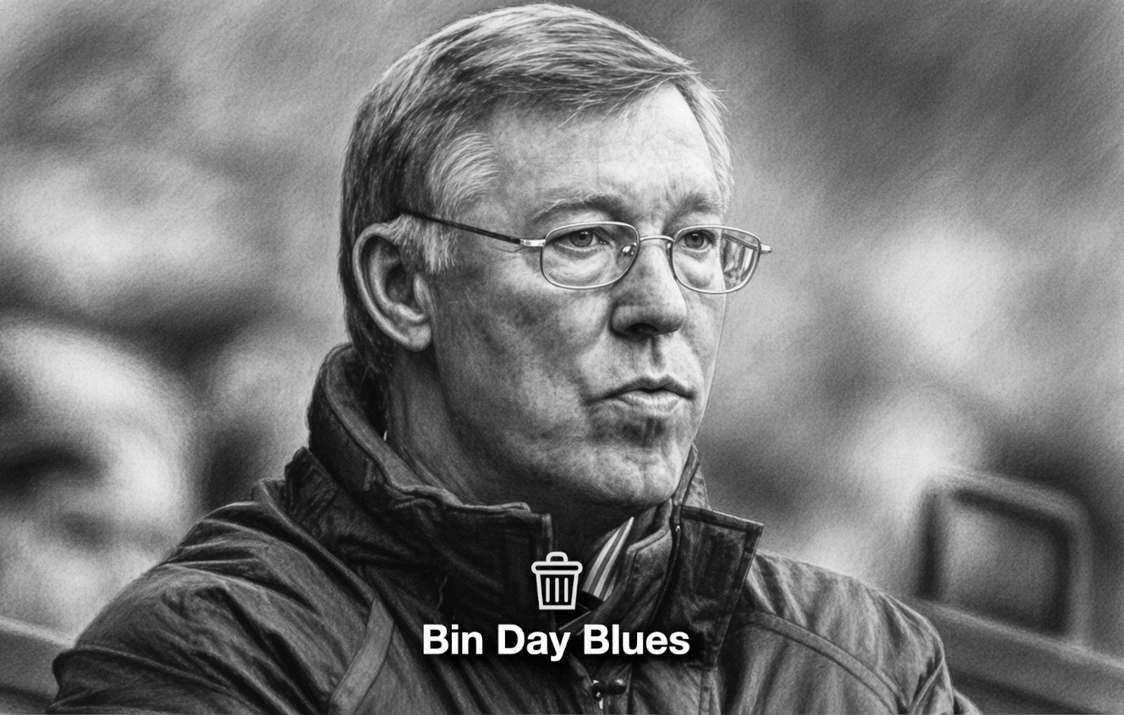 Charcoal portrait of Sir Alex Ferguson with short grey hair, a lined face, distinctive nose and determined expression.