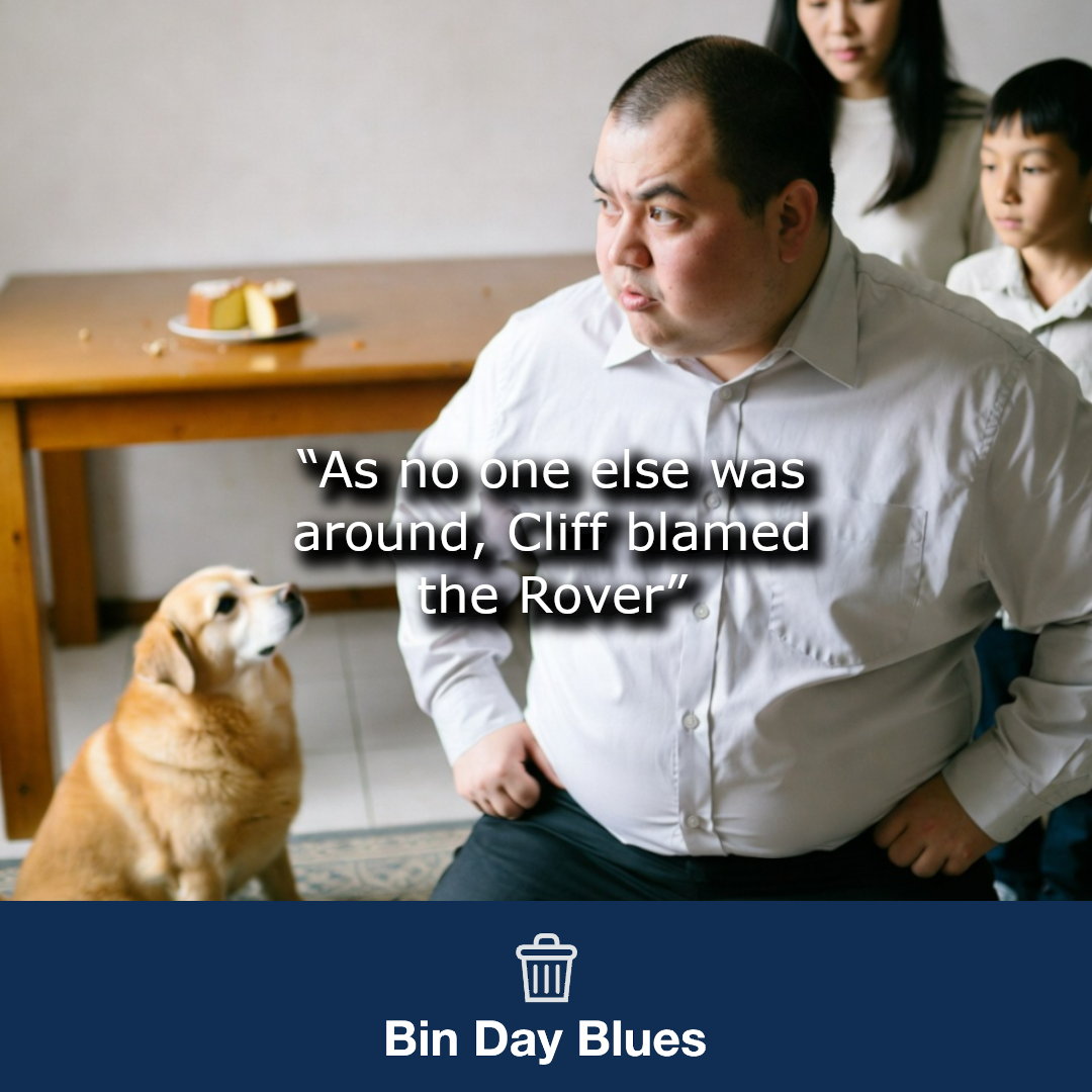 A man lacking integrity is blaming the dog for some missing cake.