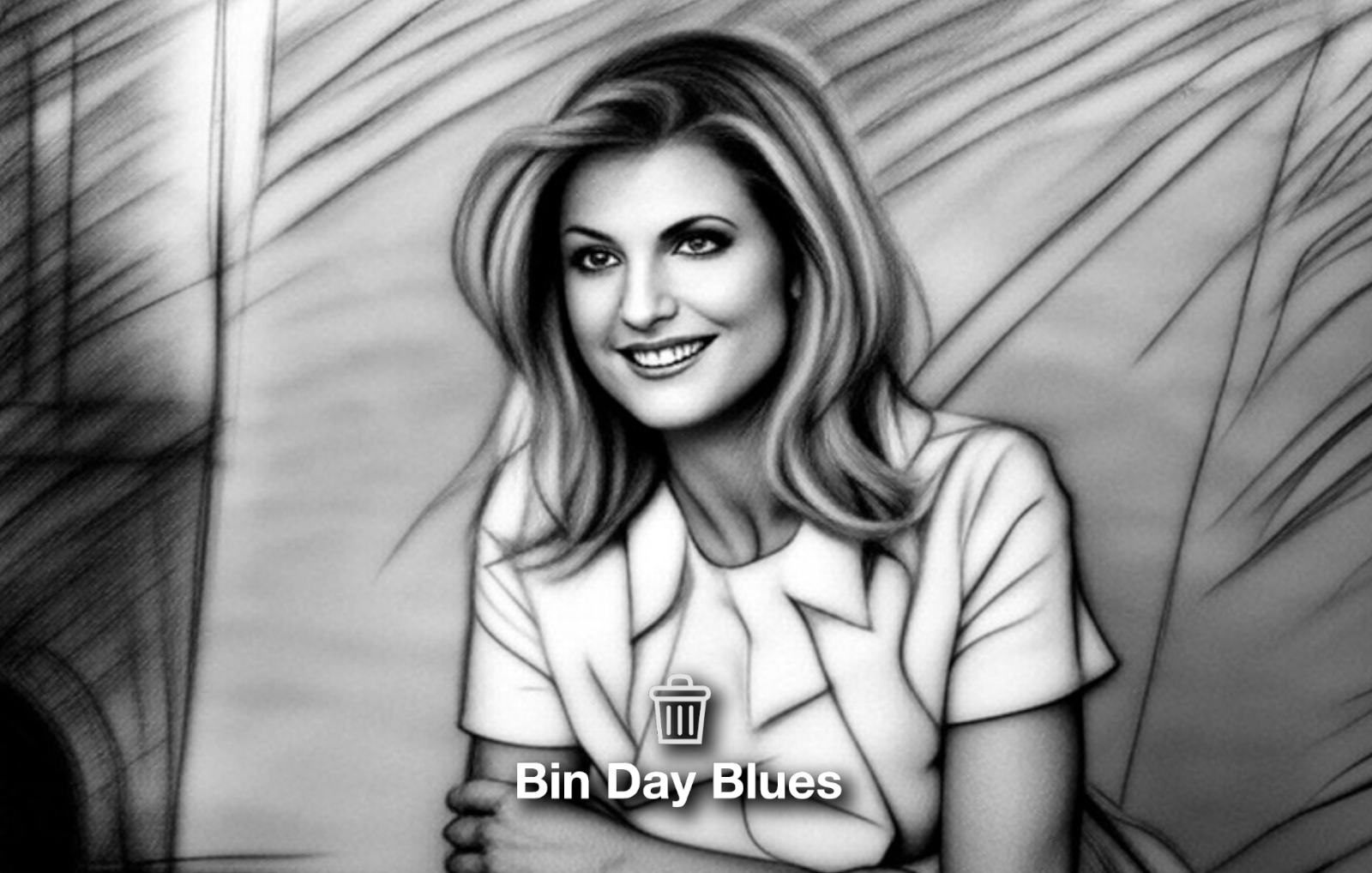 Charcoal portrait of Arianna Huffington with soft curls, poised expression, elegant features and a confident, composed presence.
