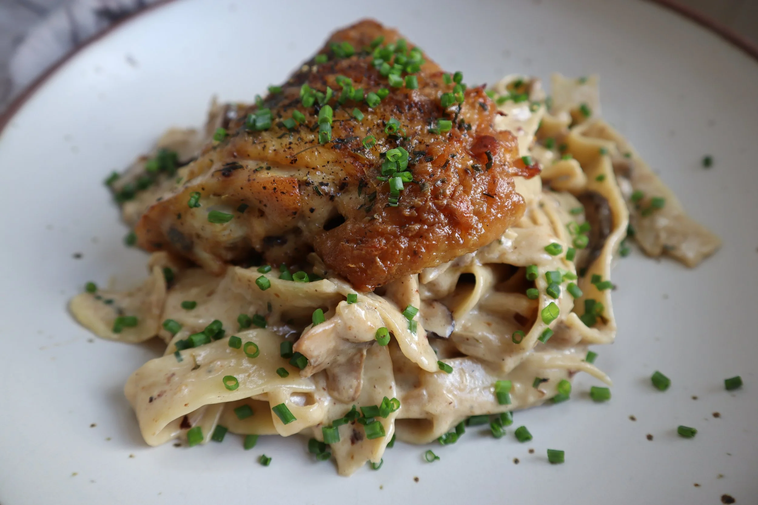 Crispy Chicken Thigh with Cognac Mushroom Pasta Recipe