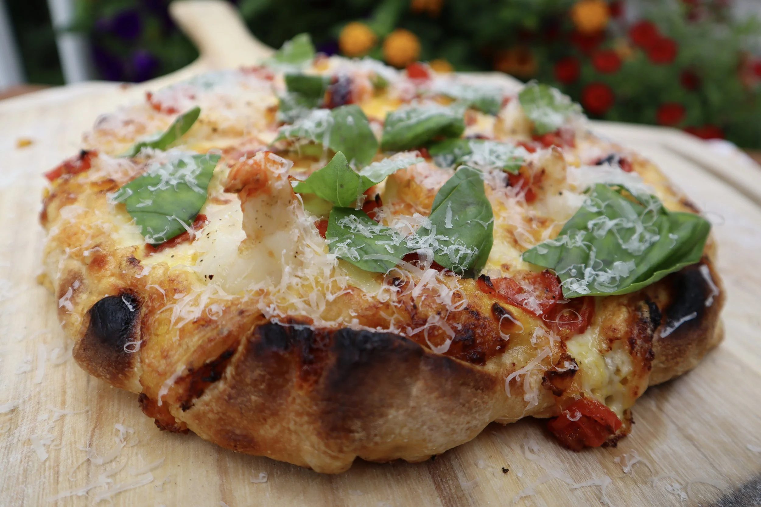 Corn Pesto Homemade Pizza with Shrimp, Tomatoes, and Basil