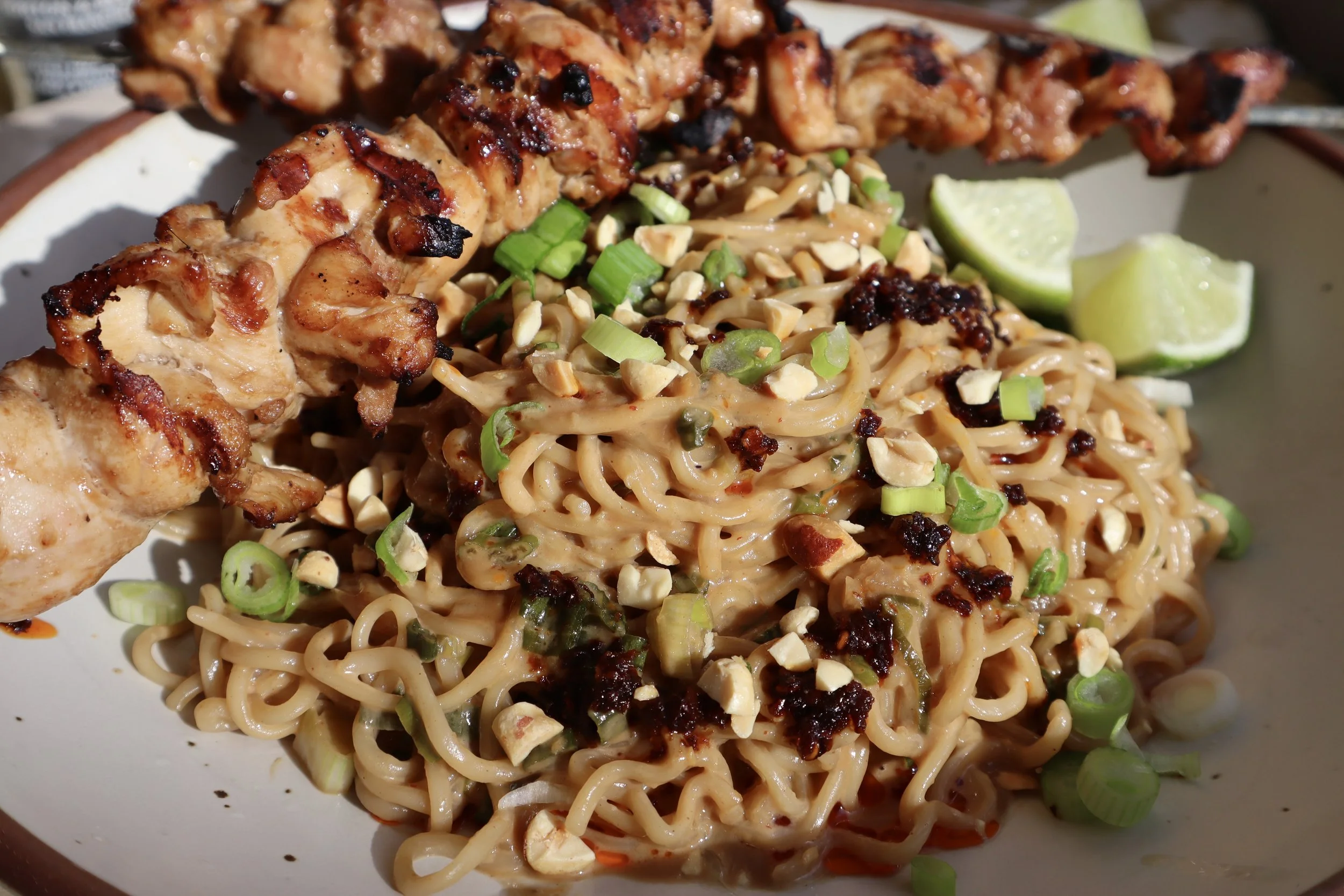 Creamy Peanut Butter Scallion Noodles with Grilled Chicken Skewers