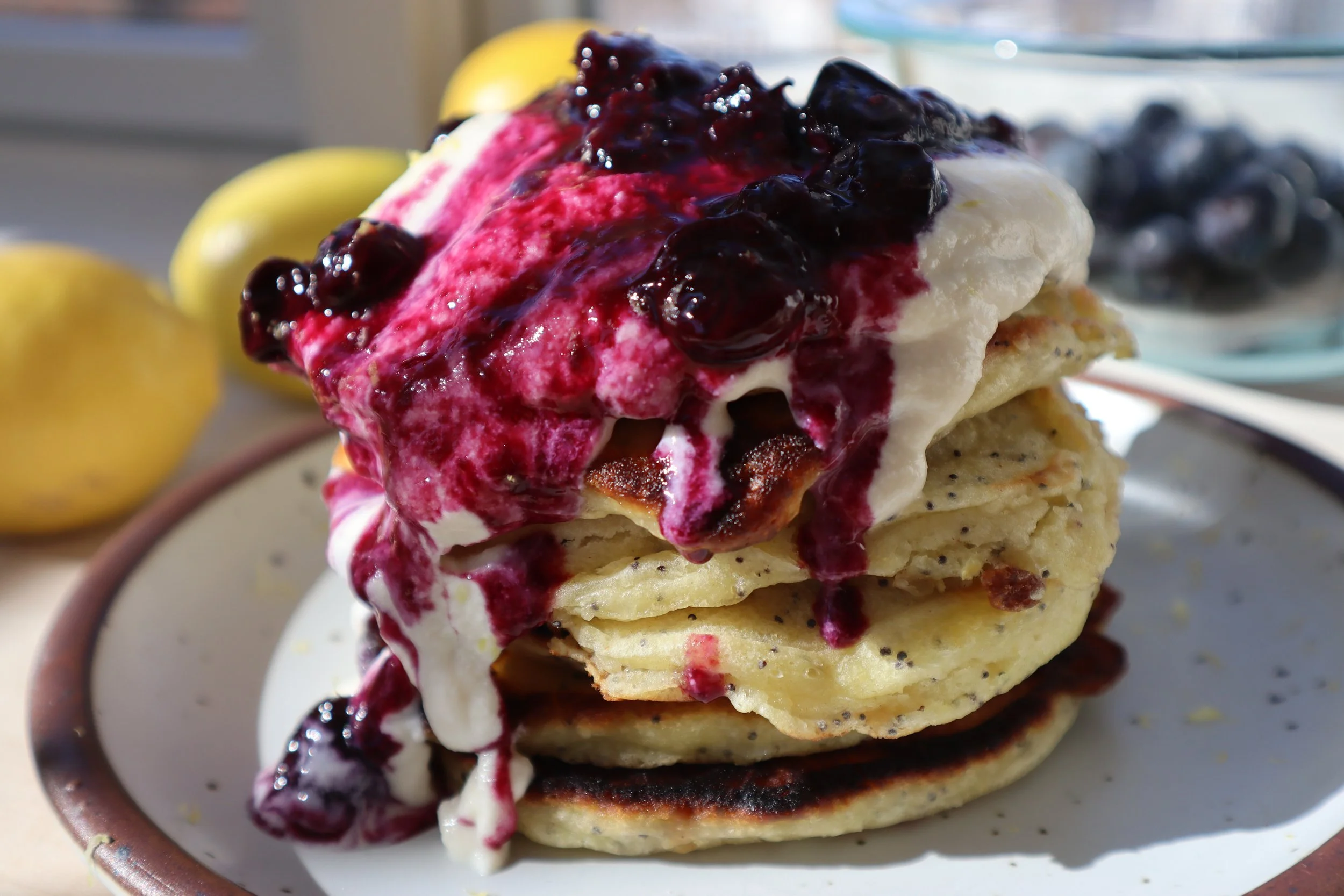 Fluffy Lemon Poppyseed Pancakes with Whipped Ricotta & Blueberry Compote