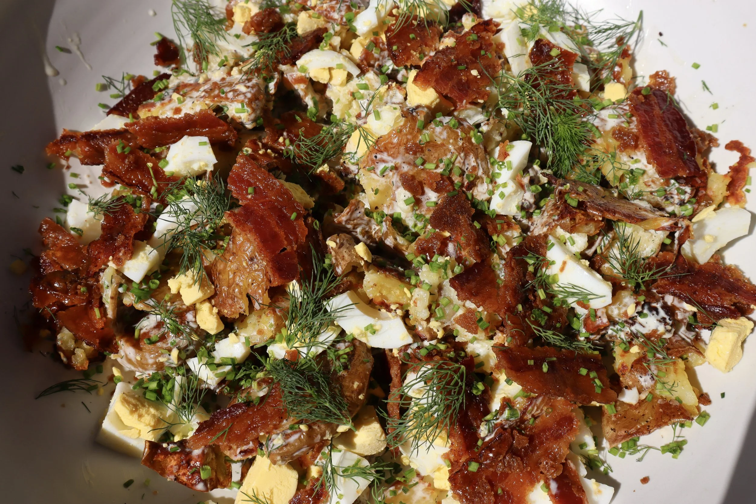 Sweet Candied Bacon & Jammy Eggs Crispy Smashed Potato Salad