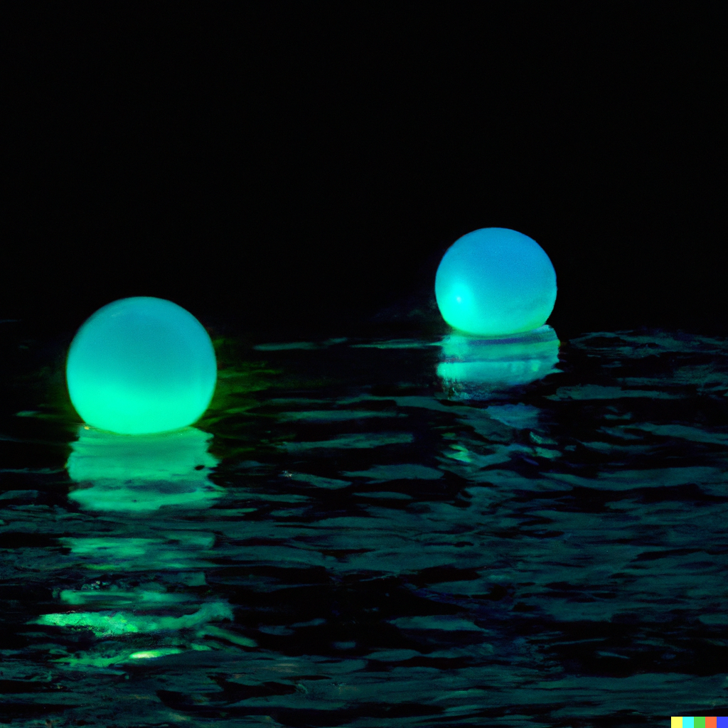 DALL·E 2023-06-21 21.30.49 - two bright aquamarine balls of gelly float above the black see where 10 people float on the water in the evening.png