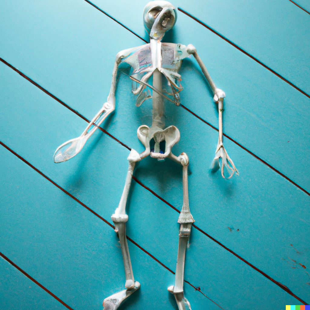 DALL·E 2023-08-31 21.41.26 - a photograph of a skeleton on a light blue wooden floor.png