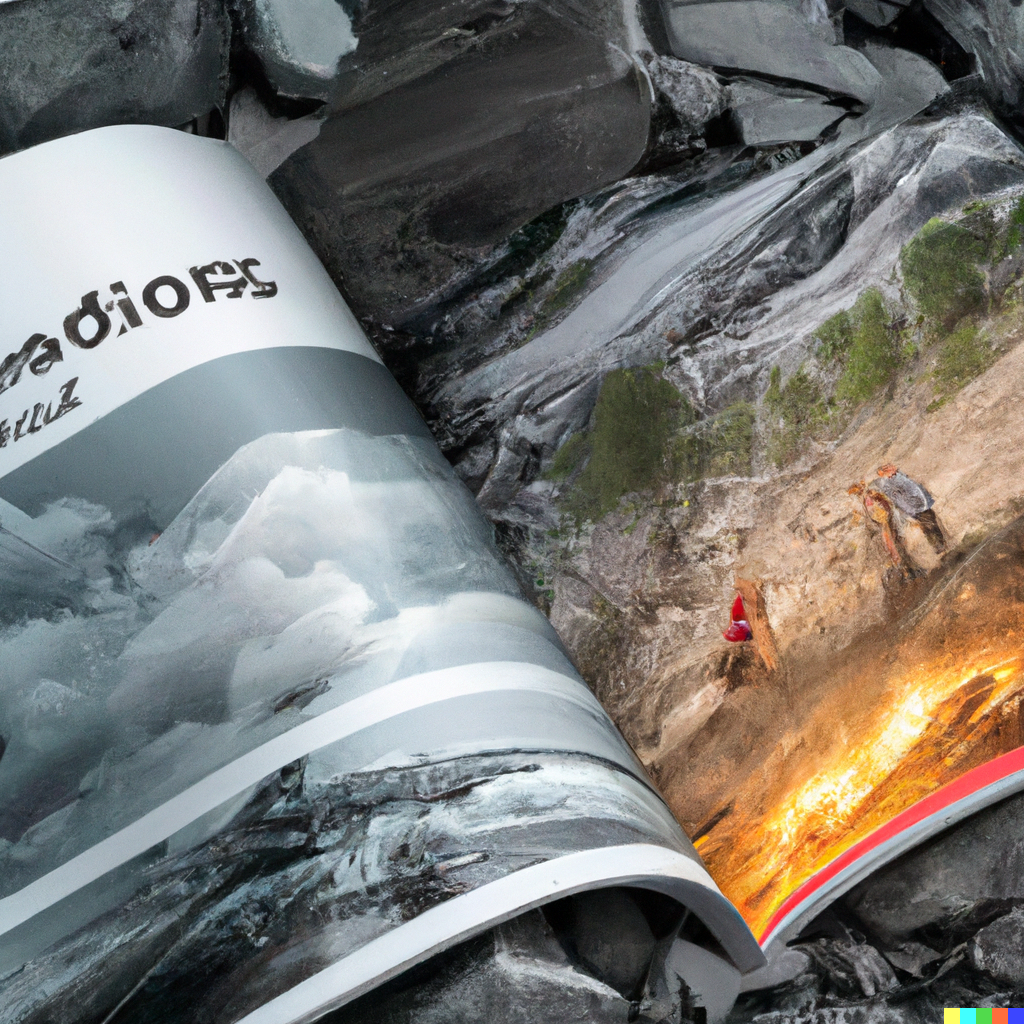 DALL·E 2023-09-09 15.44.22 - a magazine open at the center fold shows burning of forests and floods and people helping each other in a fashionable way on a bed of gray rock, photo.png