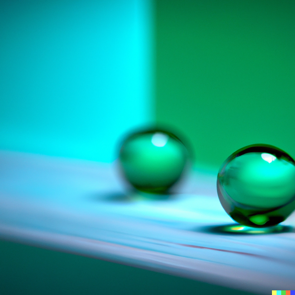 DALL·E 2023-08-28 08.06.40 - two green glass balls hover over a turqoise wood paneling in a mellow and focused atmosphere, photorealistic style.png