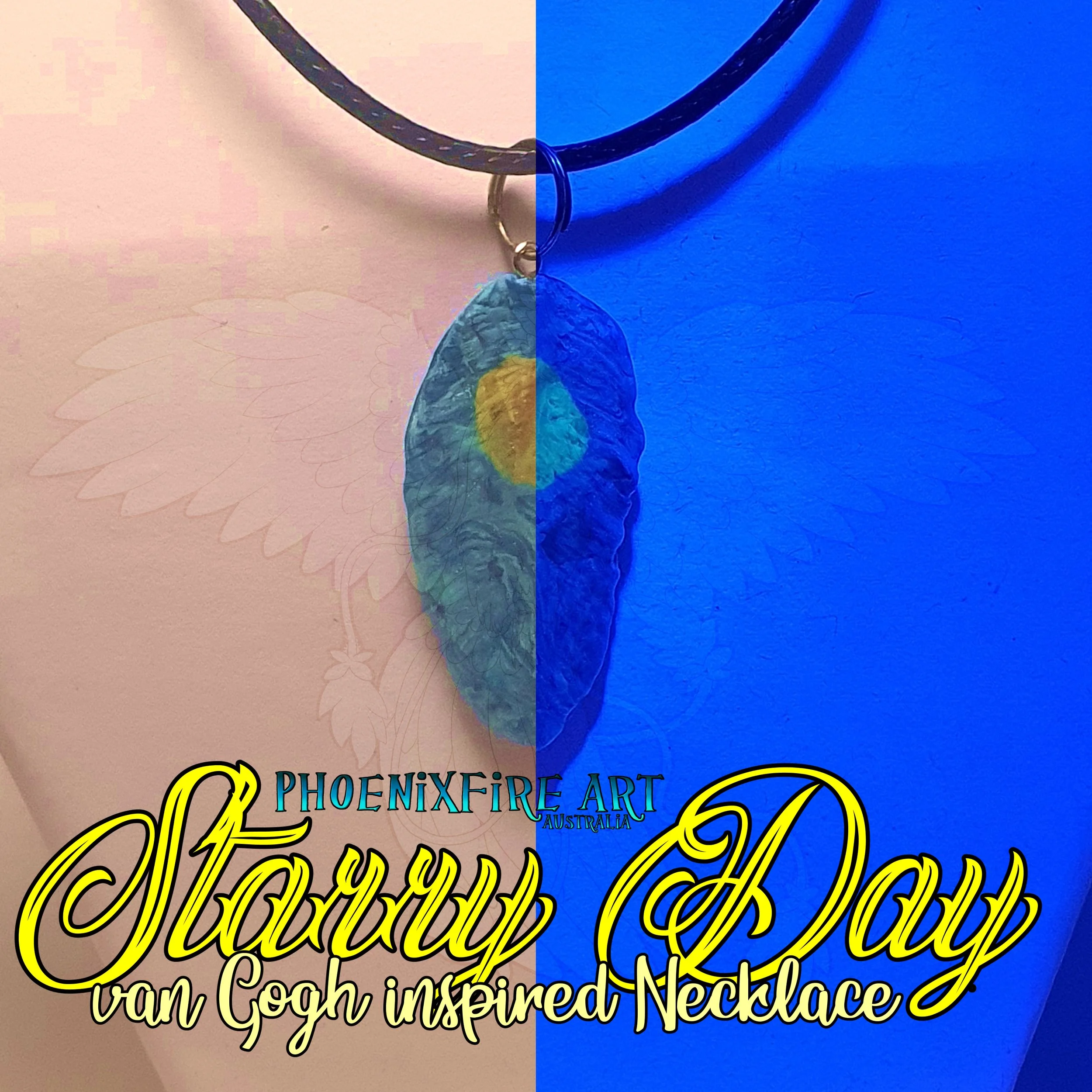 A feather shaped necklace in light is a swirled sky background featuring a swirled sun, and under UV it had glowing stars and moonlight where the sun was.
