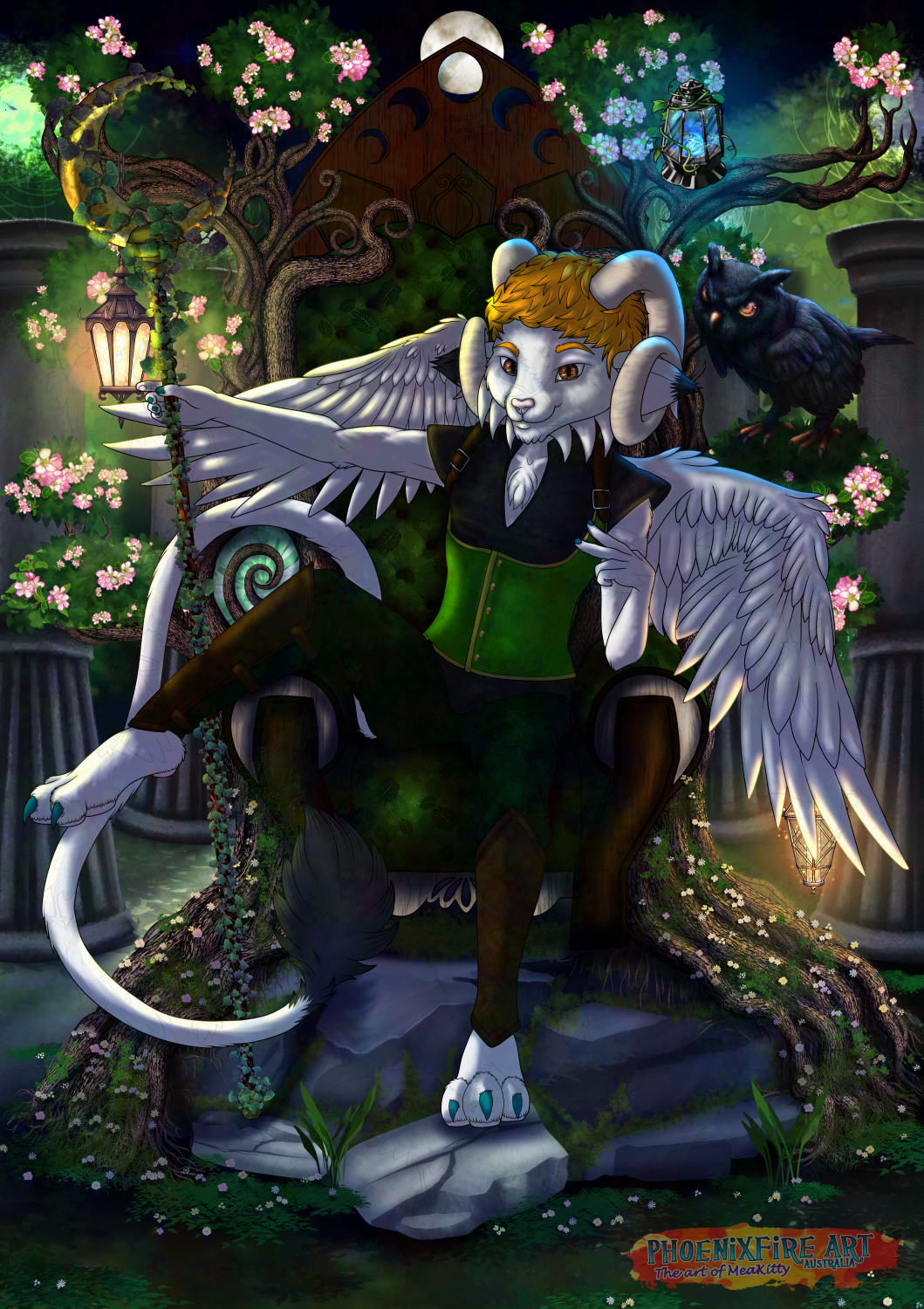 A version of the OC of MeaKitty as Pan the god of the forest, sitting in a tree-throne on a rock platform, carrying a golden crescent moon staff covered in vines, with a dark owl companion by their side. Various lights are present in the scene.