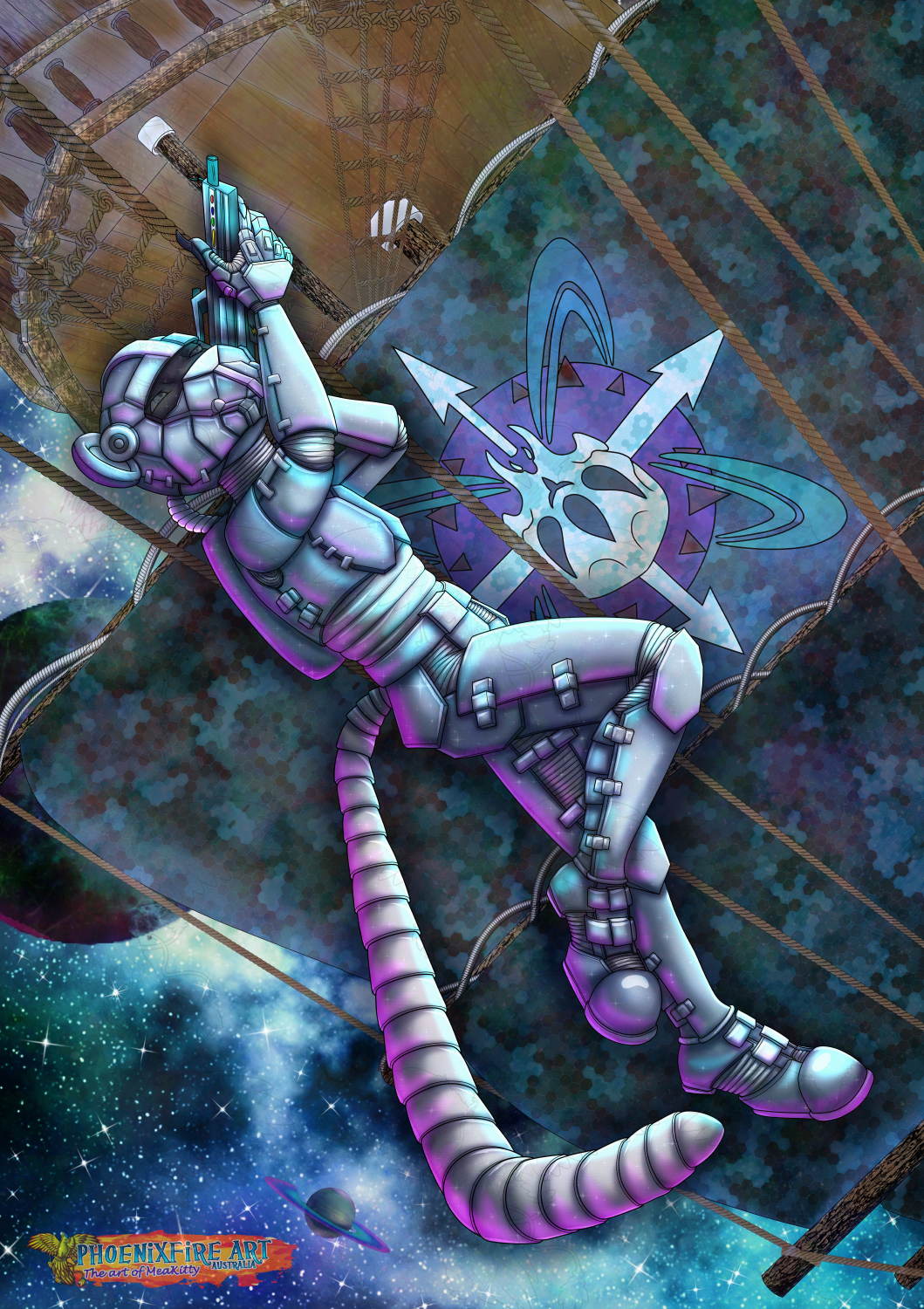 An anthro cougar in plated space armor about to board a pirate ship and collect a few bounties. Artwork for Arcten.