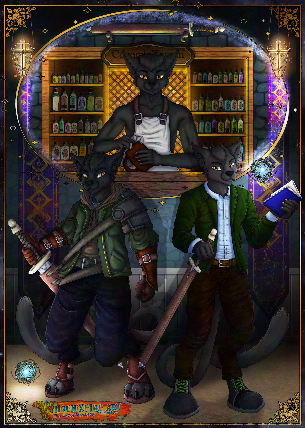 A black anthro-feline named Lucky Shot, pictured in three of his forms; wasteland survivor in armor, a teacher with a book, and a bartender in a fantasy bar. All three feature his trademark sword either held or displayed. Artwork for TheCayute