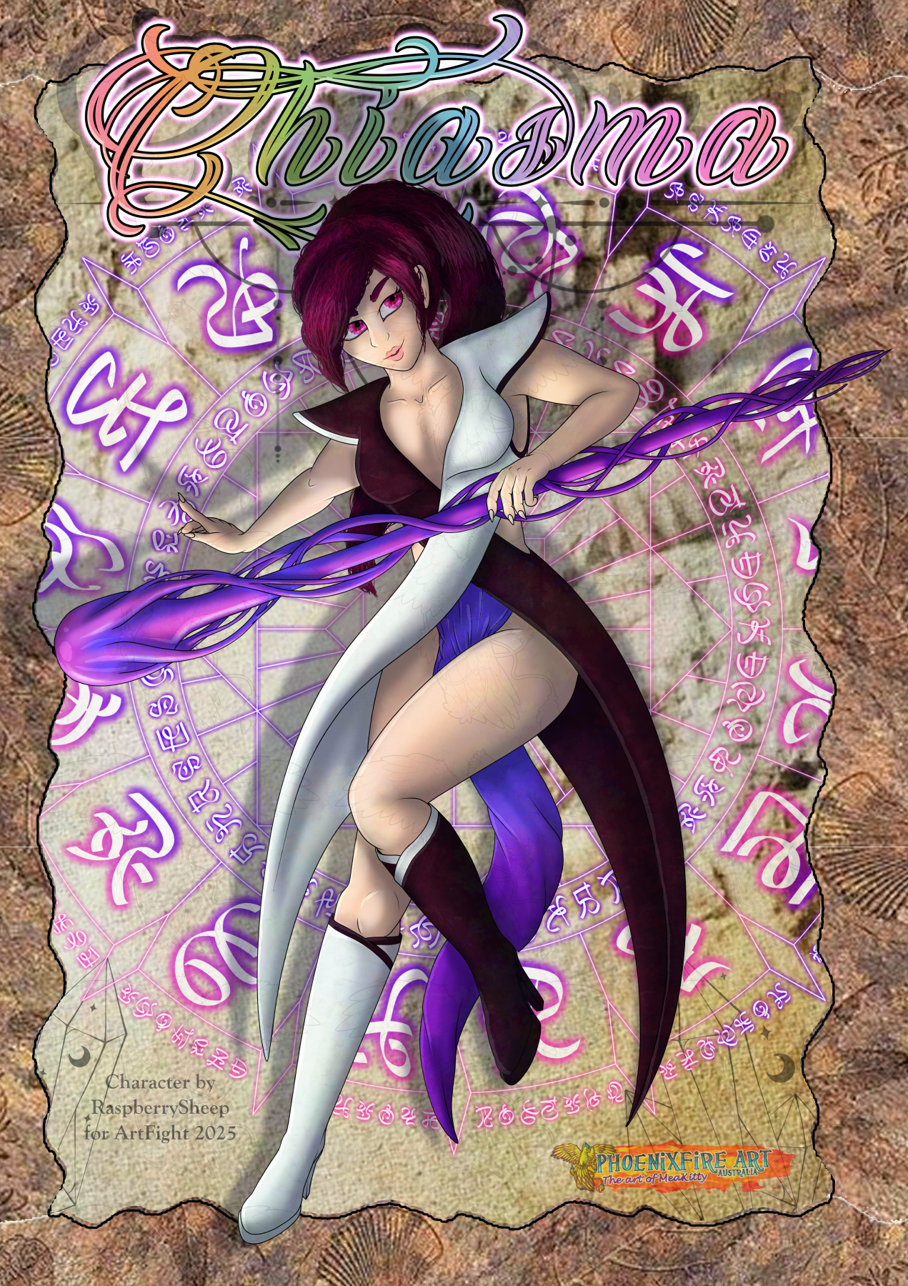 A Purple/White mage on a magic sigil background holding a staff based on DNA strands. Drawn for  RaspberrySheep during ArtFight 2025