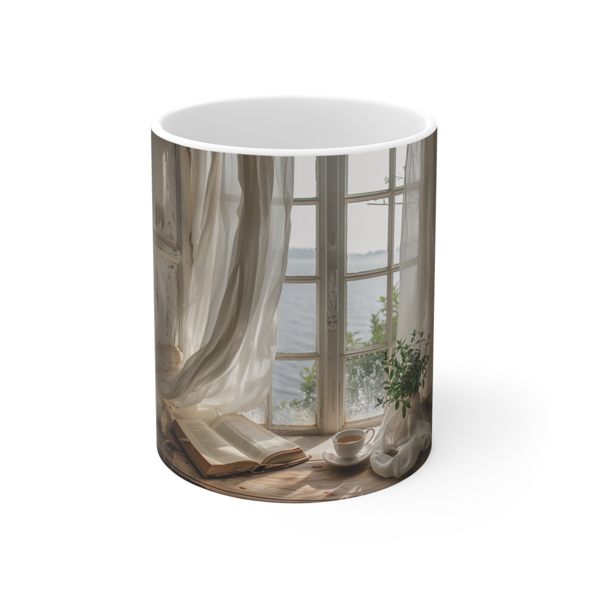 Cozy Window Scene Ceramic Mug — Morning Light, Books & Sea View (11 oz)