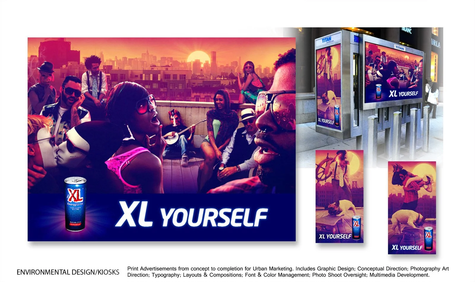 A series of urban marketing advertisements featuring a diverse group of young adults, with the main focus on a large poster and street posters for XL energy drink, and a digital billboard showing the same XL ad, set against urban backgrounds and sunset views.