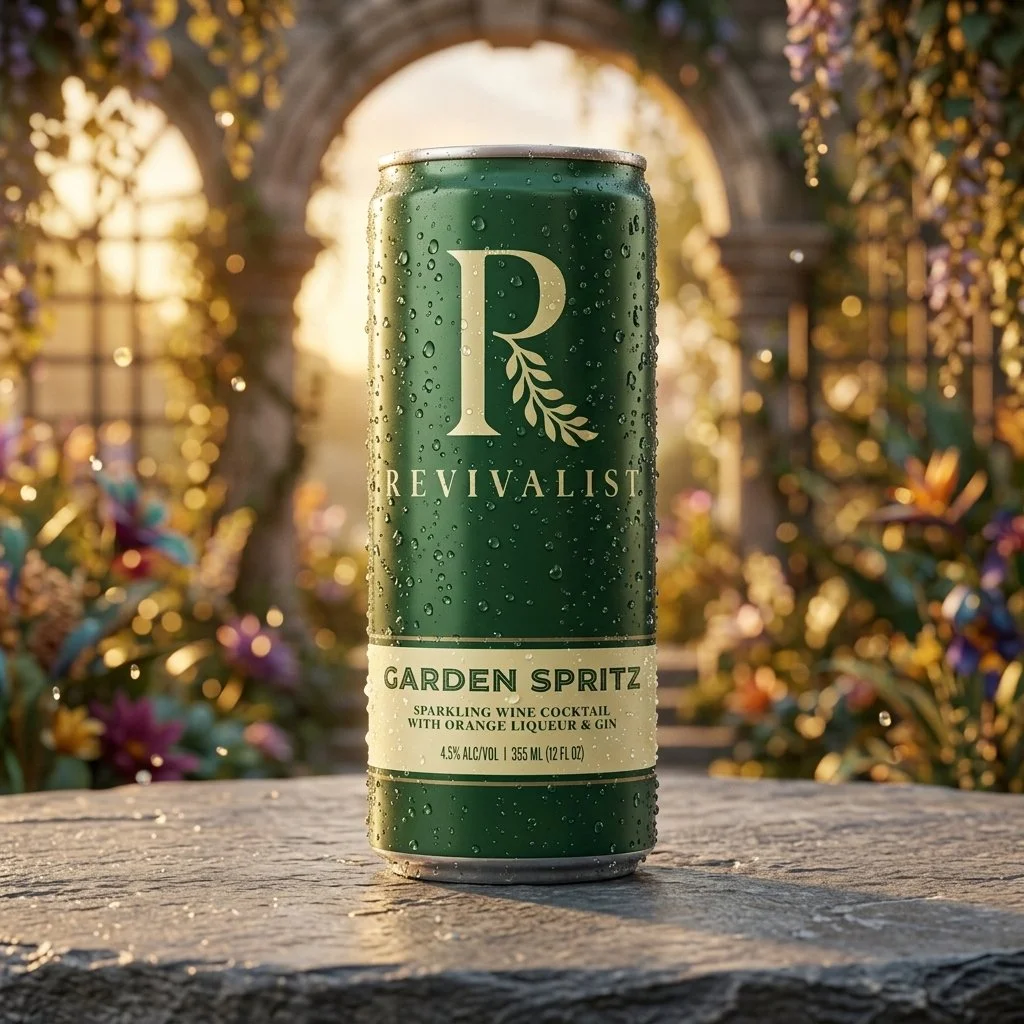 A green can of Revivallist Garden Spritz sparkling wine cocktail with orange liqueur and gin, covered in water droplets, placed on a wooden surface outdoors during sunset, with a floral garden and garden arch in the blurred background.