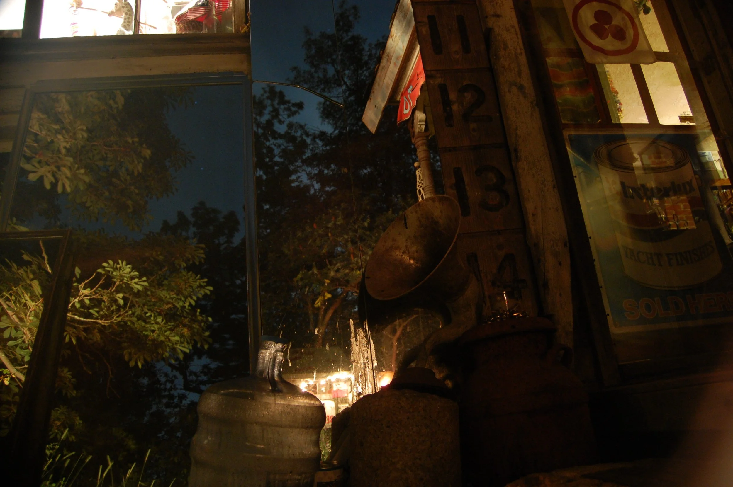 Nighttime view of a rustic window display with trees reflecting in the glass, featuring plants, signs, and various decorations inside and outside the shop.