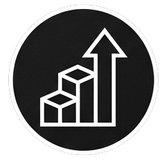 Icon of a bar chart with three ascending bars and an upward arrow in a black circle