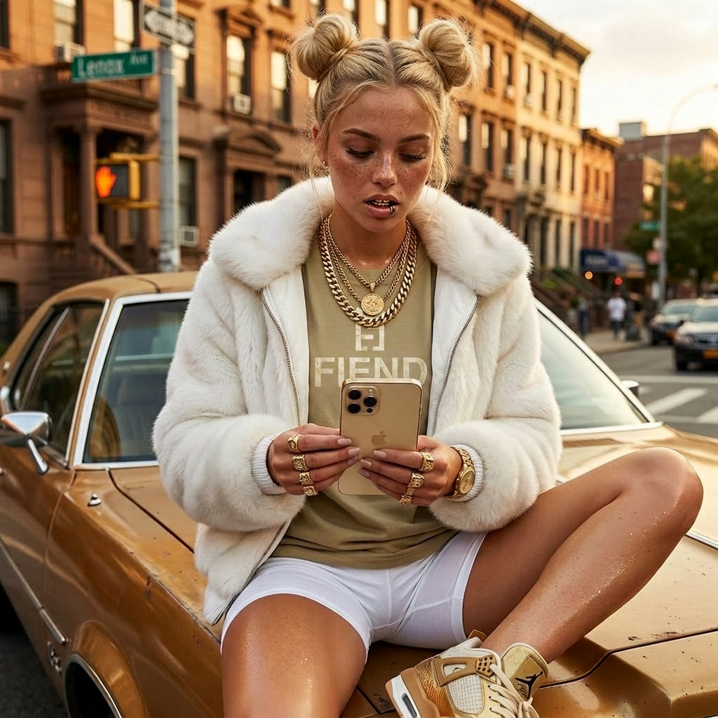 A young woman with blonde hair styled in space buns sitting on the hood of a vintage gold-colored car, looking at her smartphone. She is wearing a white fur jacket, a beige T-shirt, white shorts, and several gold chains and rings. The photo is set in an urban neighborhood with brownstone buildings in the background during sunset.